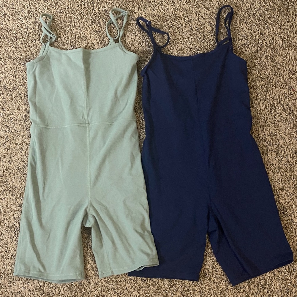 Set of Two Sleeveless Rompers in Blue and Green